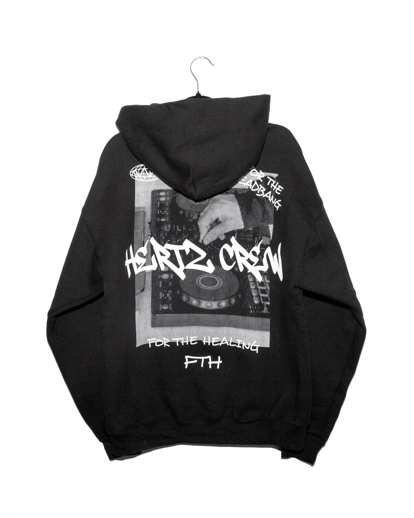 Black hooded sweatshirt with a halftone print of dj decks being played. Includes hertz crew in graffiti font, handwritten text and logo on the back.