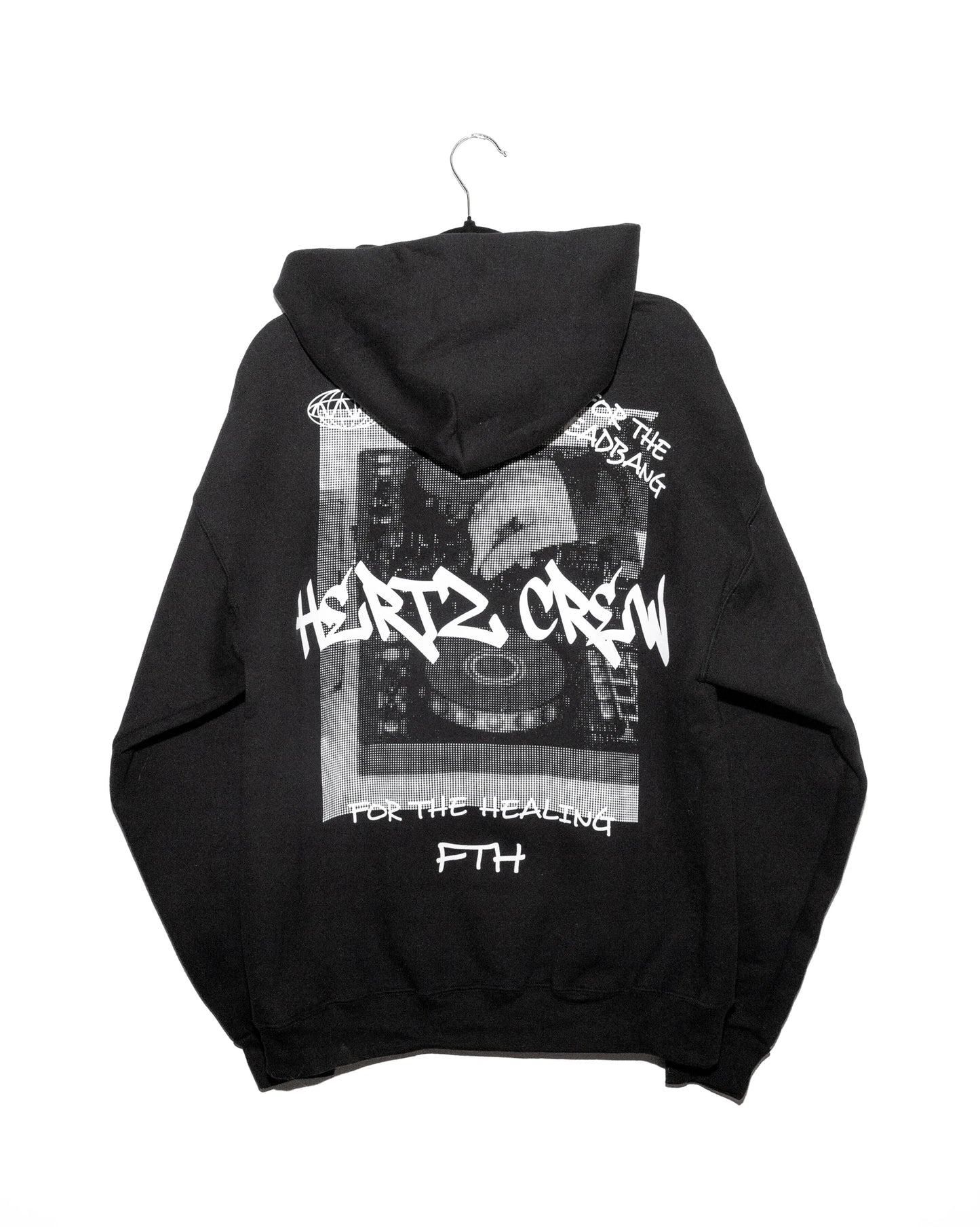 Black hooded sweatshirt with a halftone print of dj decks being played. Includes hertz crew in graffiti font, handwritten text and logo on the back.