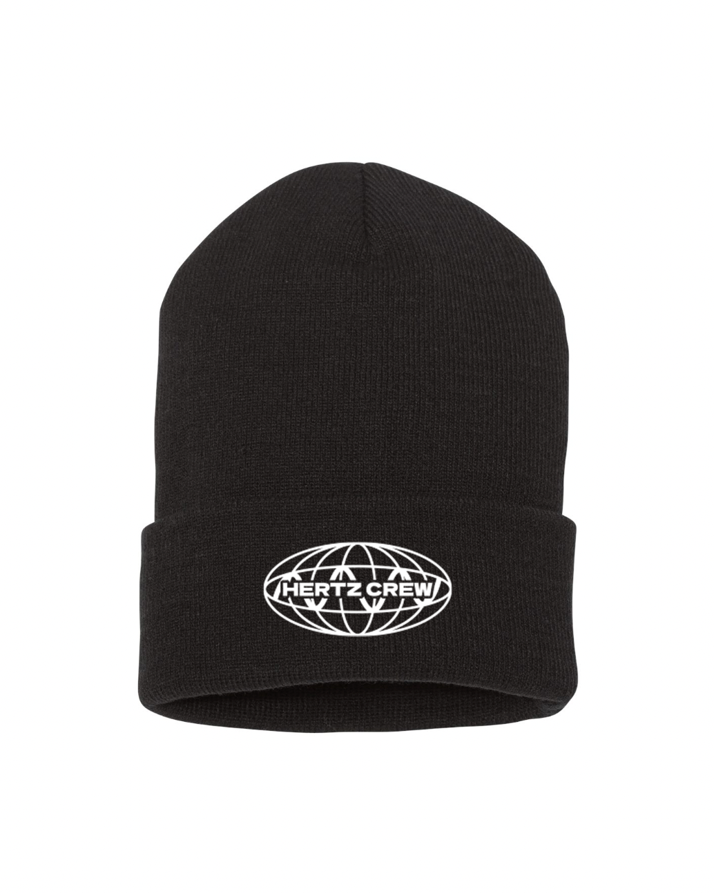 A black knit cuffed beanie with a white sine wave globe logo on the fold.