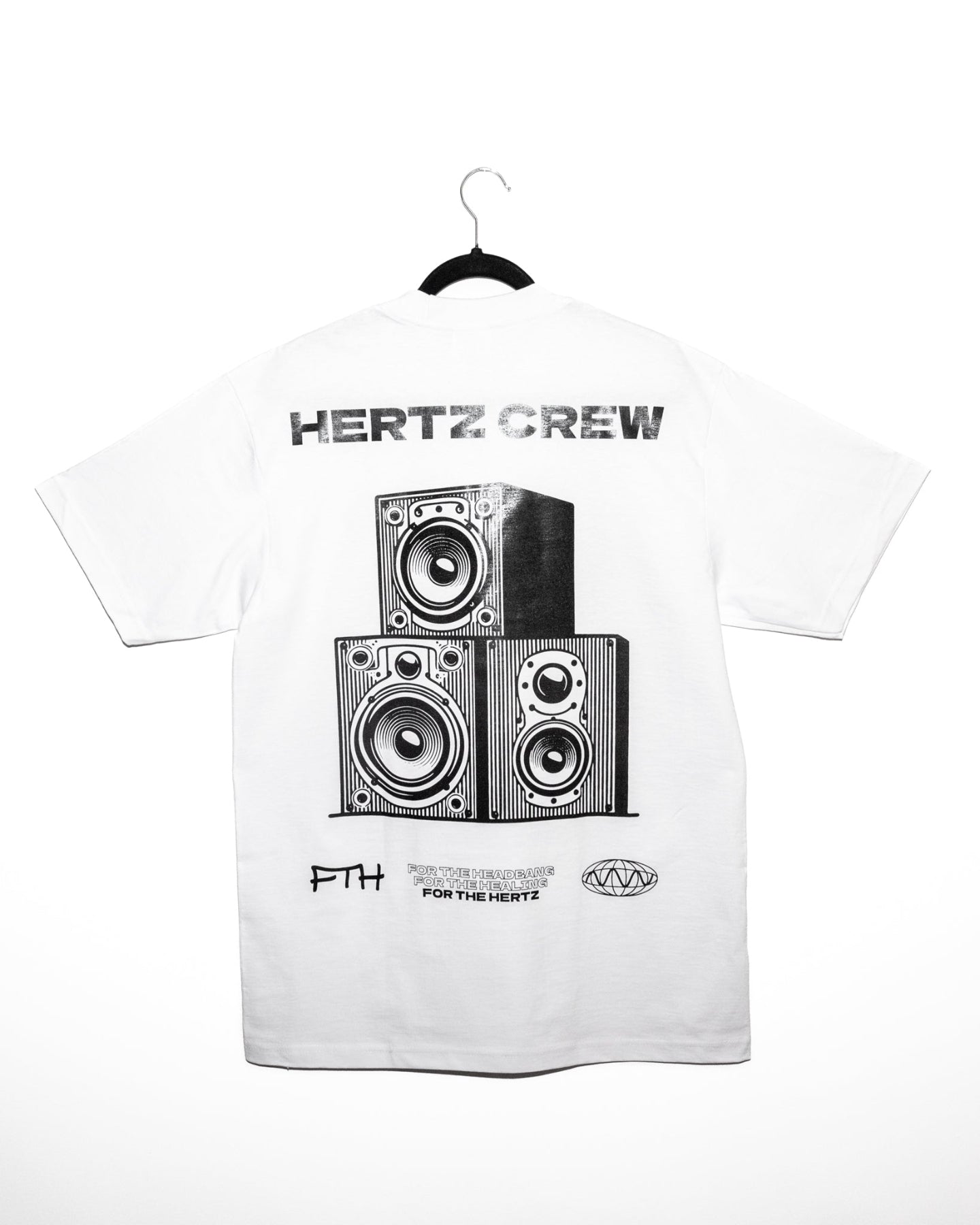 White t-shirt with speakers graphic on the back. Includes hertz crew and logo.