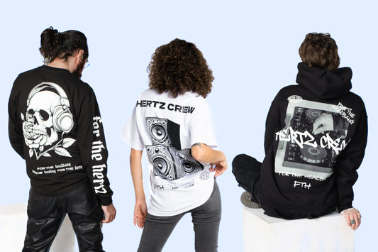 models wearing hertz crew long sleeve, speakers shirt, and hoodie