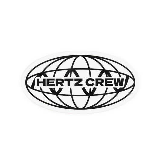 3 inch Hertz Crew logo of globe with sine wave through the middle on a white background