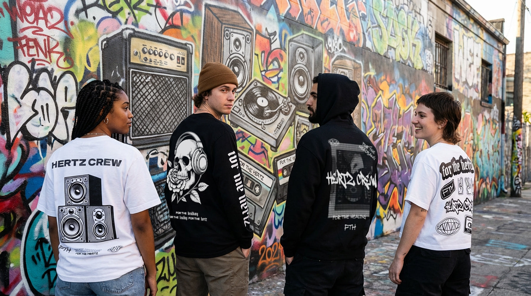 Four people wearing t-shirts with hertz crew designs in front of a colorful music graffiti wall