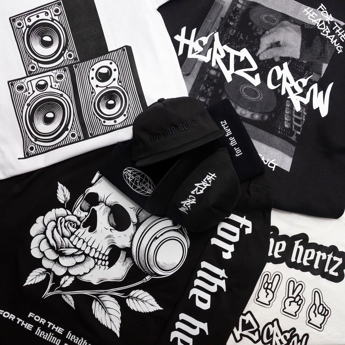 Hertz crew clothing preview with hats, beanies, shirts, and hoodies.