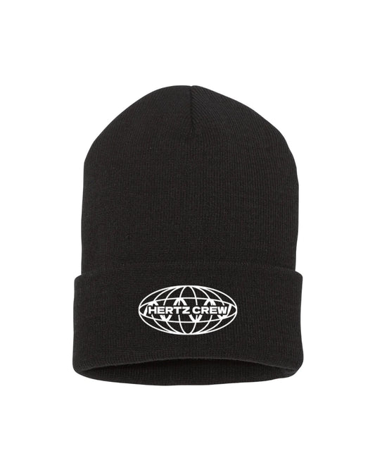 A black knit cuffed beanie with a white sine wave globe logo embroidered on the fold.