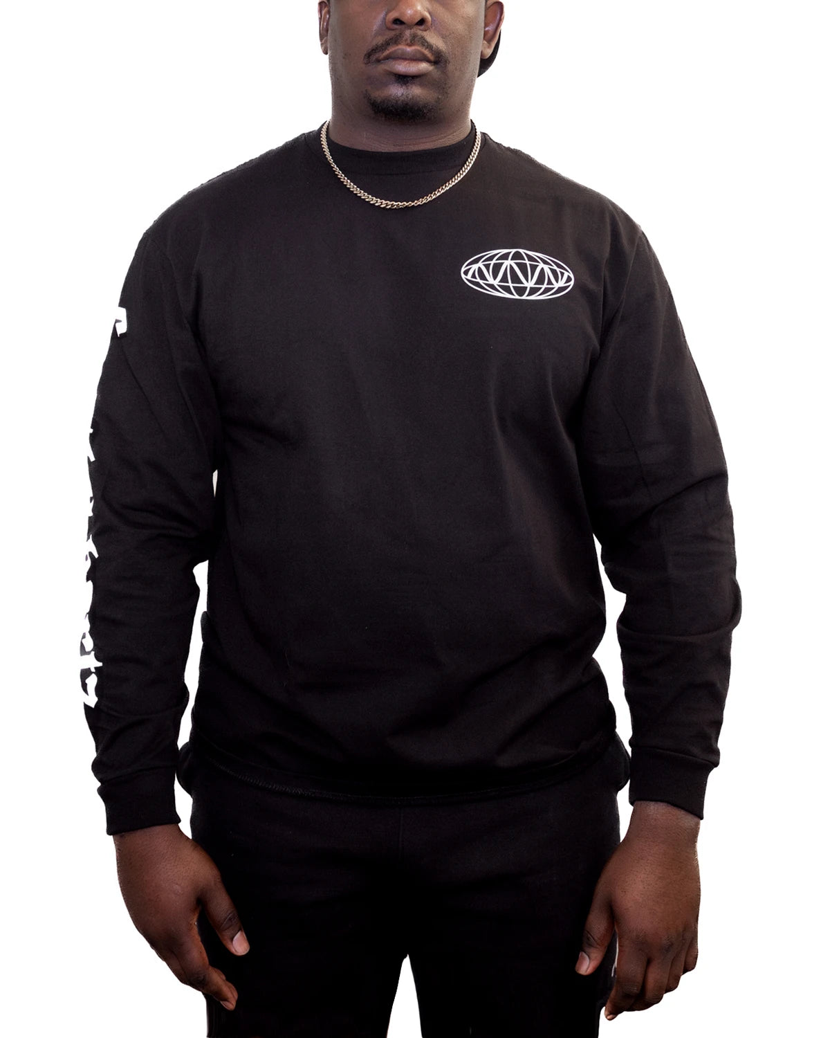 Person wearing long sleeve black t-shirt with hertz crew logo on front pocket area.